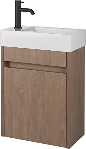 Saqu Florence Gäste WC Waschbecken mit Unterschrank Vormontiert - in Braun mit Mineralmarmor-Waschbecken und schwarzer linken Armatur - Kleines Gäste WC Bad Möbel mit Waschtisch