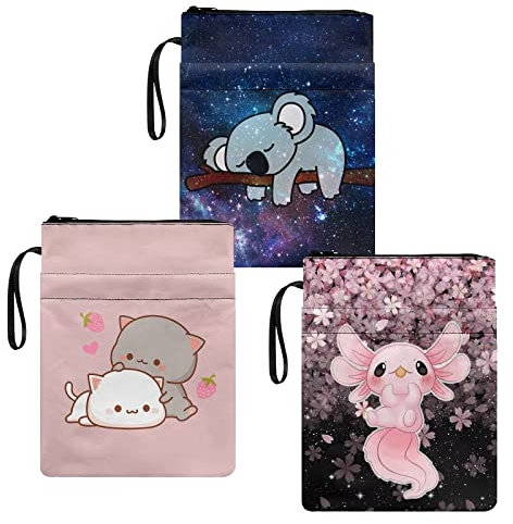 HUIACONG Cat Koala Axolotl Buchhüllen 3-teiliges Set Buchschutzhüllen mit Reißverschluss, waschbare Buchhüllen Größe M, 27,9 x 21,4 cm, Bucheinband für Taschenbücher, Hardcover, Notebook, Bibel