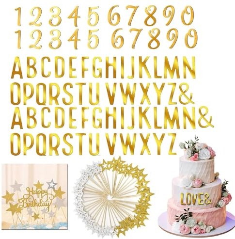 104 Stücke Torten Deko Gold Acryl, 2 Sets Buchstaben Deko Torte | 20Pcs Zahlen Gold Kuchen Deko Geburtstag A-Z Großbuchstaben, Kleinbuchstaben Tortenaufsatz Set, für Hochzeit Jubiläum Party