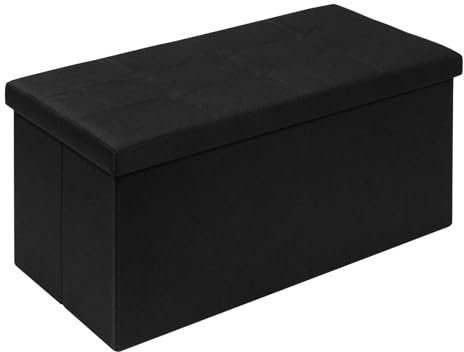 Bonlife Large Folding Balck Ottoman Storage Box with Lid,Linen Footrest Stool Bedroom Bench Seats,Toy Box Chest Living Room Furniture 76x38x38cm
