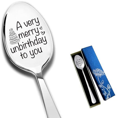 MeiFuJuW Cuchara gourmet de acero inoxidable humorística con frase A very Merry Unbirthday to You, el mejor regalo para los amantes del café, cumpleaños, graduación, Navidad
