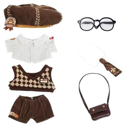 niannyyhouse 20 cm Plüschpuppe, Kleidung, Hut, Hemd, Weste, Hose, Krawatte, Rucksack, Brille, Briefbot, Set, 20,3 cm, Puppenzubehör
