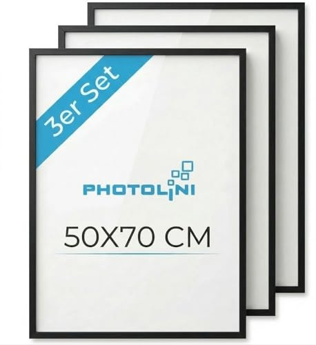 PHOTOLINI Bilderrahmen 50x70 Schwarz 3er Set Holz MDF, 50x70 cm Bilderrahmen groß, Rahmen 70x50 Puzzle, bruchsicheres Acrylglas, picture frame zum Aufhängen, Posterrahmen für Fotos, Puzzle & Poster