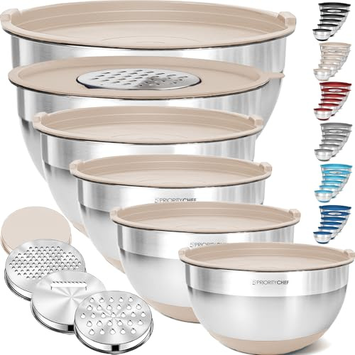 Priority Chef Stainless Steel Mixing Bowls with Lids Set, 3 Grater Attachments, Airtight Lids, Non-Slip Silicone Base Mixing Bowl Set, 6 Pc Large Prep Metal Mixing Bowls for Kitchen, Khaki