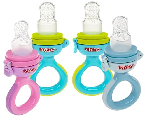 Nuby Baby’s First Food Dispenser with Hygienic Cover | Baby’s First Soft Foods and Teething | 2 Pack: Aqua & Blue or Pink & Aqua | Twist n' Feed | Promotes Self Feeding |10+ Months