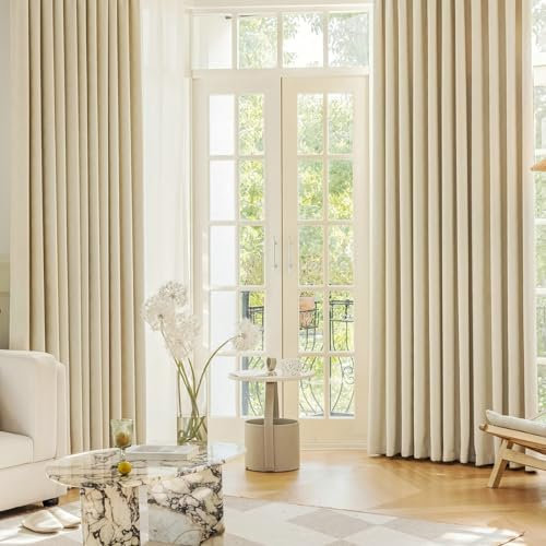 Ayoiow Verdunkelungsvorhänge Vintage, Verdunkelungs-Vorhang Gardine Mit Ösen, Chenille Thermovorhang 2Er Set, Creme, 86X115CM