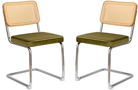 Zenvya Dining Chairs Set of 2, Velvet Rattan Side Accent Chairs with Chrome Painted Legs, Modern Mid Century Designed Chairs, Upholstered Dining Living Room Kitchen Chairs (Olive Green - 2pcs)