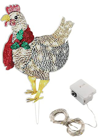 Kuuleyn Pollo iluminado con bufanda, decoración navideña, luces LED decorativas con forma de pollo navideño, decoración navideña con bufanda para interior y exterior, patio