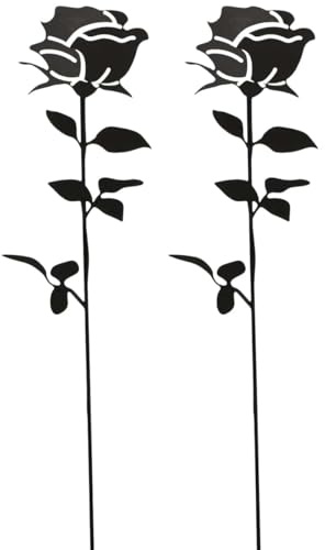 Gartenstab Set Rose Dekostecker für innen und außen 43 cm - Wetterfeste aus Eisen Gartendeko für Balkon und Garten, Schwarz-matt - Ideal als Gartenstecker, Pflanzenstecker und Beet Blumentöpfe Deko
