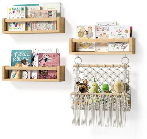 BBLIKE Nursery Book Shelves Set of 3 - Floating Shelves for Wall with Stuffed Animal Net, Wood Wall Mounted Shelves, Hanging Nursery Furniture for Toy Storage and Playroom, Kids Room, Nursery Decor