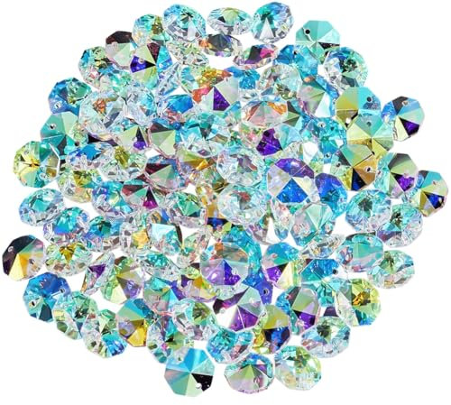 SOFPLATE 1 Box 120Pcs 14mm Crystal Glass Octagon Beads 2 Hole Prism Bead Colorful Chandelier Replacement Connector Suncatcher Faceted Spacers for DIY Lamp Hanging Ornament Pendant Jewellery Crafting