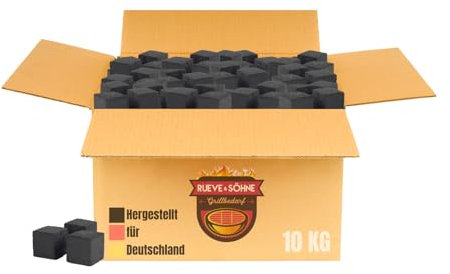 RUEVE&SÖHNE - 10 KG BBQ Grillkohle 26er | Naturkohle aus Kokosnussschalen mit Steakhouse Qualität | Hochwertige Kokos Coal Cubes | BBQ und Kokoskohle Briketts I Ab in den Grill
