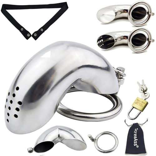 ScreaAss Geschlossener/Offener Metall Peniskäfig Edelstahl Gross Keuschheitskäfig Mit Gürtel Für Männer Cock Cage Atmungsaktiver Keuschheitsgürtel Chastity Cage SM Bondage Sexspielzeug,Silver/b,50mm