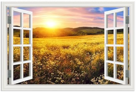 RXNHGJDS Fensterblick Bilder auf Leinwand,Gemälde von Blumenfeldern bei Sonnenuntergang,Leinwandbild Sonnenuntergang Wandbilder Fensterblick Offenes Fenster Ansicht Bild120x80cm(47x31in) Rahmenlos