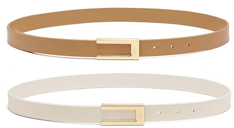 YooAi Womens Leather Belt Skinny Waist Belt for Dresses Jeans Pants with Gold Buckle Camel+White 98