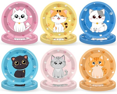 Justforjoyful 48Pcs 7 Cat Theme Party Paper Plates Kitten Dessert Birthday Supplies Kids Girls Birthday Dinner Table Decorations Cat Paw Disposable Dinnerware Plates for Baby Shower Party Favors