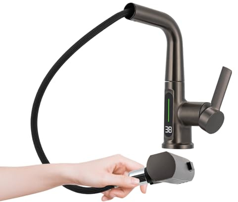 Wasserhahn, Badezimmerarmatur mit Brause Ausziehbar & LED Temperaturanzeige - Wasserhahn Ausziehbar für Küchen, Bädern, Waschräumen (Gunmetal Grau)
