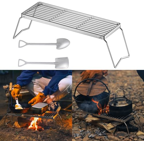 Folding Campfire Grill, 17.7 Portable Camping Grates Over Fire Pit, Heavy Duty Steel Mesh Grate, Camp Fire Cooking Equipment with Legs Shovel Shape Spoon, Grilling Rack for Outdoor Open Flame Cooking