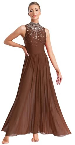 TTAO Damen Tanzkleider Lyrisch Tanzkostüm Ärmellos Ballett Kleid Maxi Latein Rumba Tango Kleid Modern Lyrisch Tanzkleid Braun S