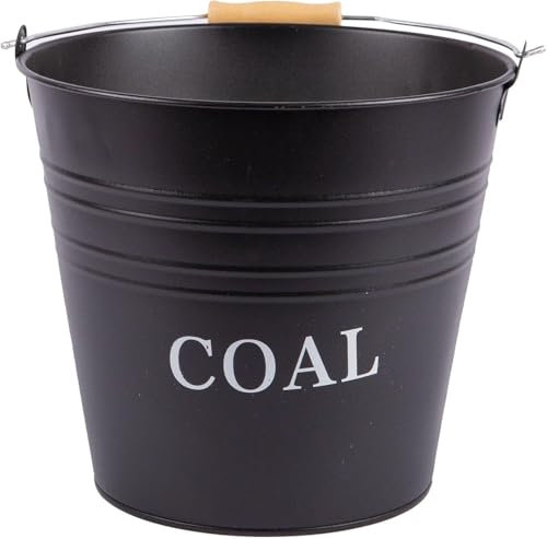 12L Black Coal Bucket with Wooden Grip Metal carry handle Black Coated Cast Iron Wide Open Top for Easy Filling Ideal for Fireplace Log Fire Wood Burner Ash Scuttle Storage Companion