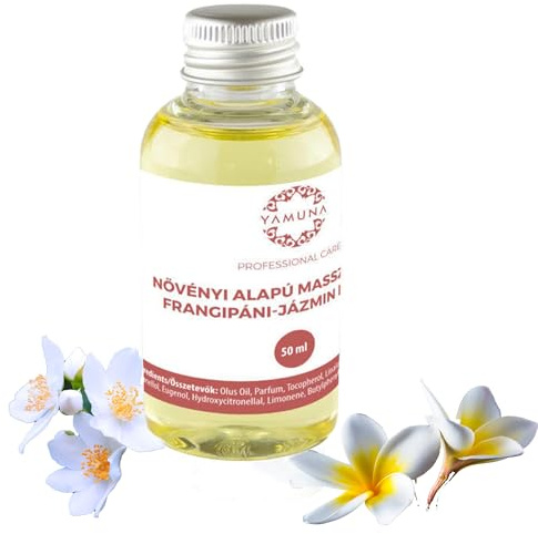 YAMUNA NATURAL BEAUTY Massageöl, 100% pflanzlich, Naturkosmetik aus Ungarn. Professionelles Öl – frei von Paraffin und Parabenen für eine erfrischende Massage.(50 ml) (Frangipani-Jasmin)