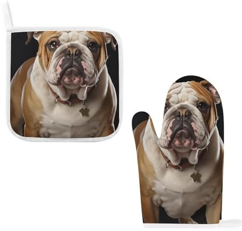Ofenhandschuhe und Topflappen Englische Bulldogge, 2er-Set, hitzebeständiger Küchenhandschuh mit gestepptem Innenfutter, rutschfeste Ofenhandschuhe zum Backen und Kochen