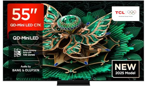 TCL 55C7K QD-Mini LED-TV, 55 tum, 4K HDR Premium, Dolby Vision IQ & Atmos, Bang & Olufsen Sound, Smart TV med Google TV, 144 Hz, HDMI 2.1, AMD FreeSync Premium Pro, AirPlay 2, Google Assistant