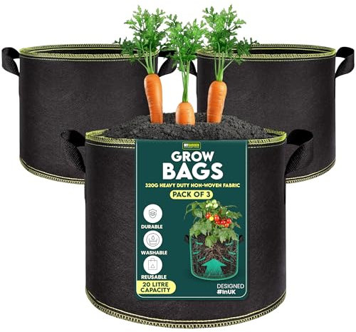 My Garden Grow Bags 20 Litre - Fabric Planter Pots with Handles – 320g Thickened Nonwoven Breathable Growing Bags for Vegetables, Herbs, Flowers, Tomatoes, Potatoes & Fruits (3, 20 Litres)