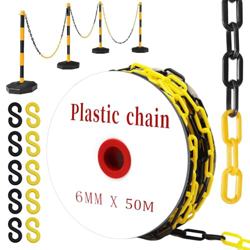 YUJUVI 50m Cadena de Plástico Cadena Barrera Cadena Barrera de Plástico Ø6mm Cadena de Barrera Negro y Amarillo con 10 ganchos en S para Cerrar Superficies, Muy Visible, Estable y Manejable