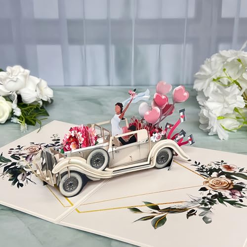 pekifaves Tarjeta de boda Pop Up 3D, Just Married tarjeta de felicitación con sobre, tarjeta de coche de boda con novia y novio, para San Valentín, compromiso, boda, aniversario