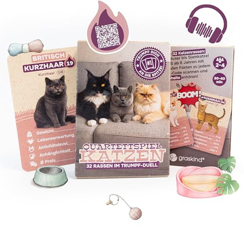 Quartettspiel Katzen: Das Kartenspiel mit 32 Katzenrassen im Trumpf-Duell
