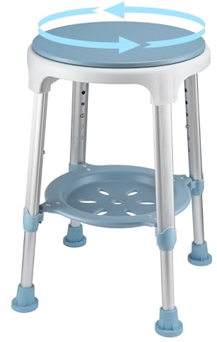 360° Swivel Seat Bath Shower Stool, Adjustable Height Shower Chair with Storage Shelf and Non-Slip Feet Safe Support for for Wet Room Elderly Pregnancy Recover Home Assistance, Light Blue