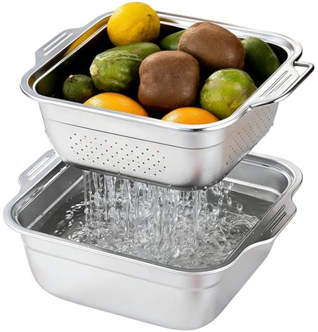 Colander Stainless Steel, 2Pcs Strainer Stainless Steel Washing Up Bowl and Sieve Square Metal Colander with Handles 24cm Kitchen Containers for Washing Vegetable and Fruits Food Pre