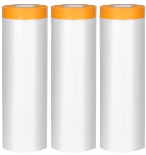 QWORK® 3 Rollos Película Protectora de Plástico contra el Polvo, 2,7 m x 20 m Película de Enmascarar con Cinta Autoadhesiva, para Pintar, Decorar, Cubrir Muebles