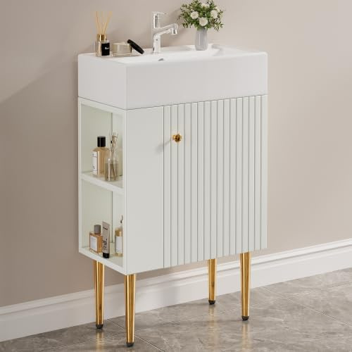 vutizal Mobile da bagno bianco 55 cm – Mobile sottolavabo con scomparti laterali, piccolo set di mobili da bagno con spazio e organizzatore