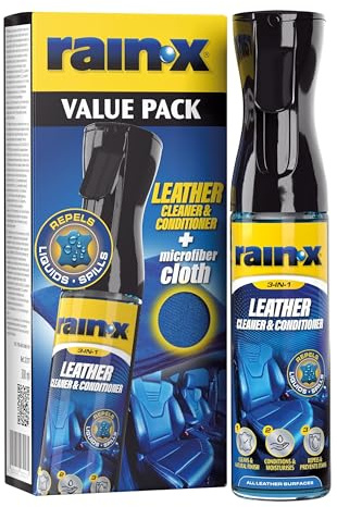 Rain-X Limpia Tapicerías Cuero Coche - Limpia,Nutre y Repele Manchas -300ml | Repelente Líquidos y Agua - Protección UV- Acabado Natural - Incluye Paño de Microfibra
