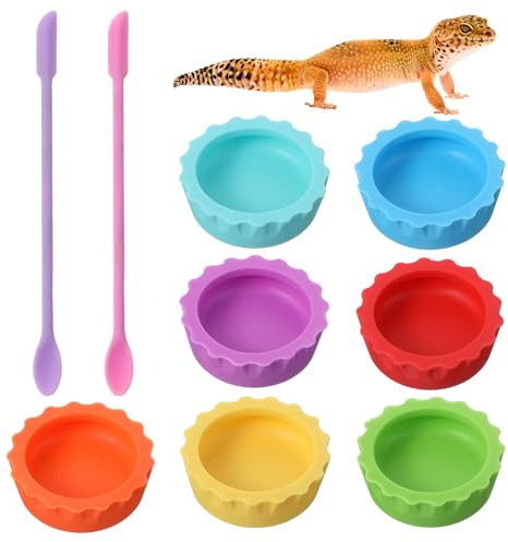 9pcs Crested Gecko Food Dish and Spoon Set Gecko Feeding Cup and Water Bowl | Silicone, Colorful Food, Gecko Tank Accessories, for Crested Geckos, Hermit Crab, tortoise, Tarantula, Lizard