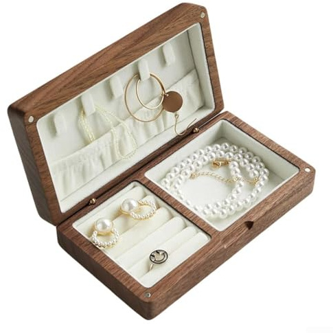 Boîte à bijoux vintage en bois de noyer massif avec doublure en velours - 16,5 x 9,5 x 4,5 cm - Pour bagues, boucles d'oreilles, colliers et bracelets - Présentoir et boîte de rangement - Noyer blanc