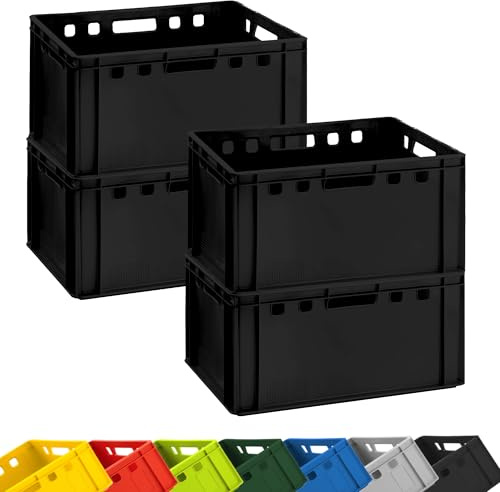 4 Fleischkisten E3 Schwarz Euroboxen Stapelkisten Lagerkisten 60x40x30 cm | BURI, lebensmittelecht, Made in Germany, robuster Kunststoff, Metzgerkisten, stapelbar, Transport, Industrie, Haushalt