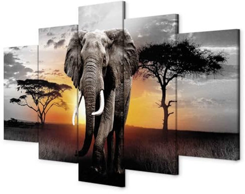 murando - Leinwand Bilder Afrika 100x50cm 5 tlg - Wand Deko Leinwand Bilder Groß Wanddeko Wohnzimmer Schlafzimmer Kunstdrucke Wandbild Wohnzimmer - Landschaft Tier Elefant g-C-0054-b-o