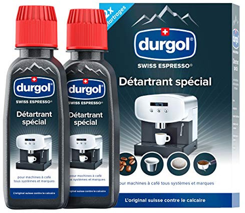 durgol swiss espresso – Détartrant spécial anti-calcaire pour tous types de machines à café – Enlève le calcaire efficacement – Version française – 2 x 125 ml