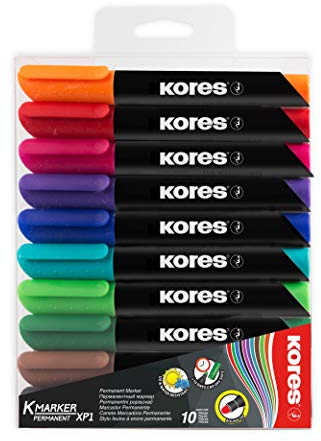 Kores - K-Marker XP1: Farbige Permanentmarker, 3 mm Rundspitze mit wasserfester und geruchsarmer Tinte, für alle Oberflächen, 10er-Pack, sortierte kräftige Farben | Rundspitze, geruchsarme Tinte, wasserfest, für alle Oberflächen