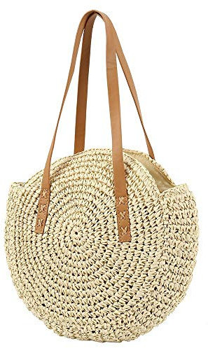 YXQSED Damen Gewebte Tasche Rund - Sommer Strandtasche Stroh Umhängetaschen Handgemachte Schultertaschen Groß Beige