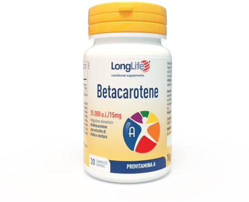 LongLife® Betacarotene 25.000 u.i. | Alto dosaggio | Provitamina A | Salute della pelle e benessere della vista | Con estratto di frutta e verdura | 2 mesi di trattamento | Vegano e senza glutine