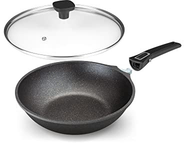 Home Icon - Wok antiaderente con coperchio in granito di rame, compatibile con tutti i piani cottura, compresi quelli a induzione e ceramica, con manico rimovibile - 28 cm