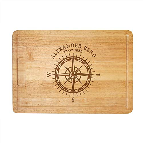 Casa Vivente Schneidebrett aus Holz mit Gravur, Personalisiert mit Name und Datum, Motiv Kompass, Dekoratives Küchenbrett zum Geburtstag