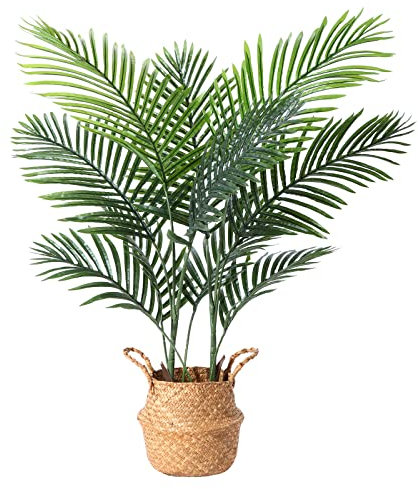 Ferrgoal Kunstpflanze Areca Palme mit Seegras Korb 110cm Plastik Künstliche Pflanzen Groß im Topf Deko Badezimmer Wohnzimmer Schlafzimmer Balkon(1 Stück)