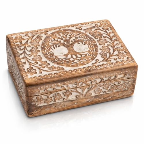 Tolles Geburtstagsgeschenke Handgemachte dekorative hölzerne Schmuckkasten Baum des Lebens Carving Schmuck Organizer Andenkenkasten Schatztruhe Schmuckstück Halter Aufbewahrung Schloss Box (White)