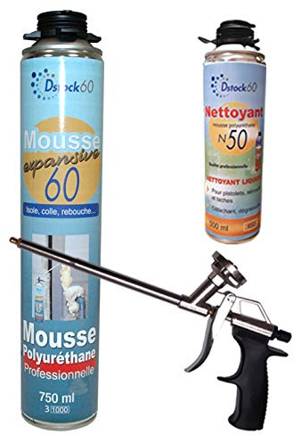DSTOCK60-1 MOUSSE PISTOLABLE + 1 PISTOLET + 1 NETTOYANT - MOUSSE EXPANSIVE 750 ML - MOUSSE POLYURÉTHANE PROFESSIONNELLE - ISOLE, COLLE ET REBOUCHE - EXTÉRIEUR ET INTÉRIEUR