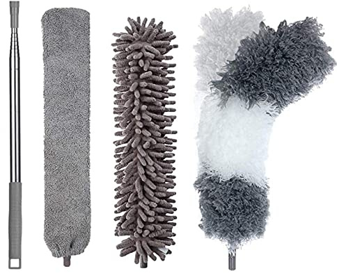 JINYUDOME Plumeau en Microfibre pour Nettoyage des Espaces,Balai à Long Manche Réglable,Lavable et Flexible,Comprend 3 Housses en Tissu et 1 Perche(Gris)